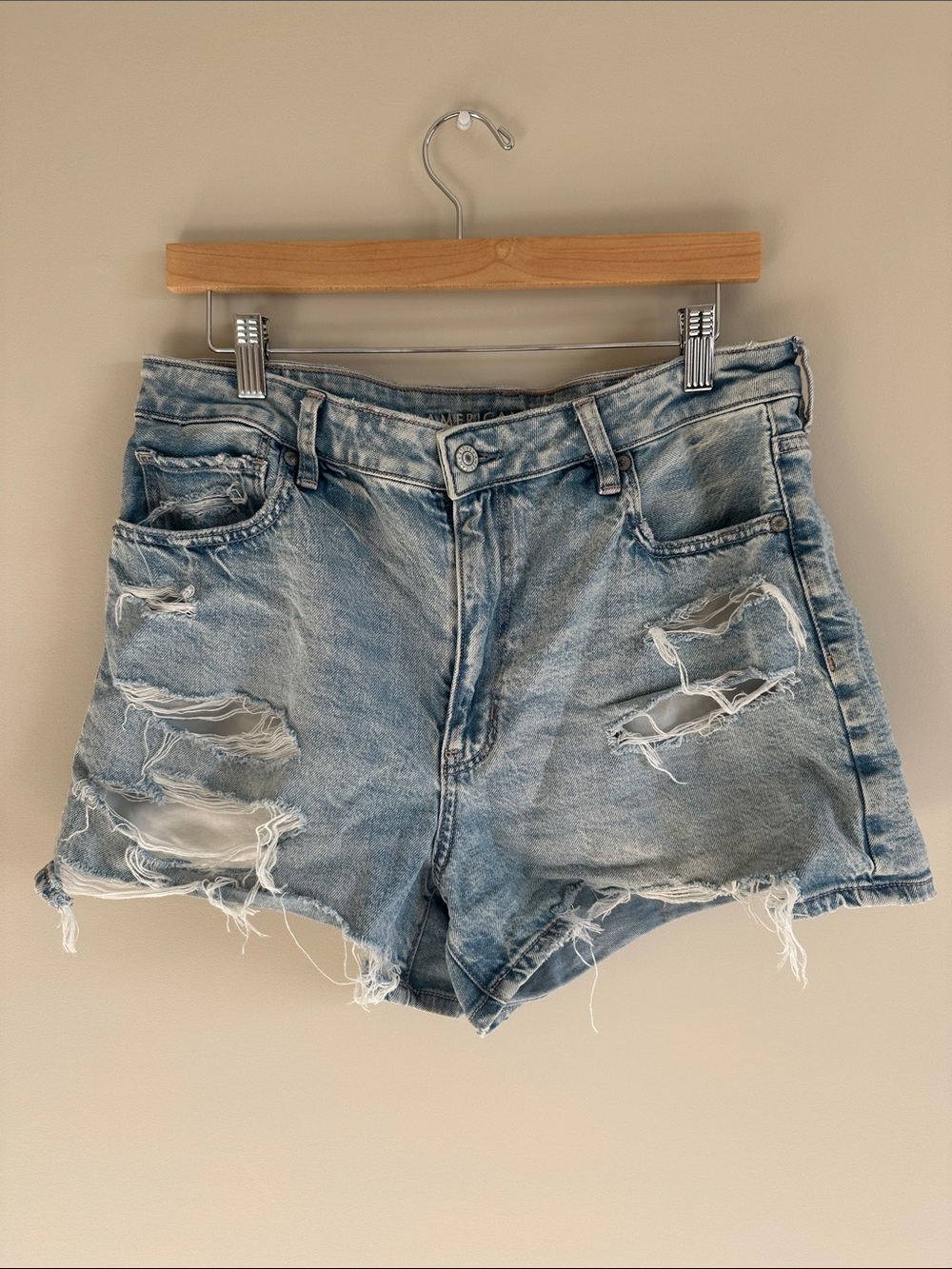 American Eagle Distressed High-Rise Light Wash Strigid Denim Mom Shorts